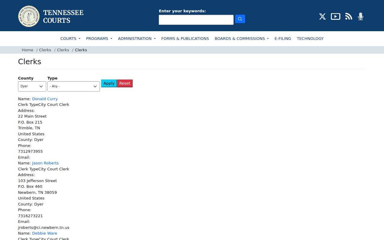 Tennessee AOC directory listing municipal court clerks for Dyersburg, Newbern, and Trimble