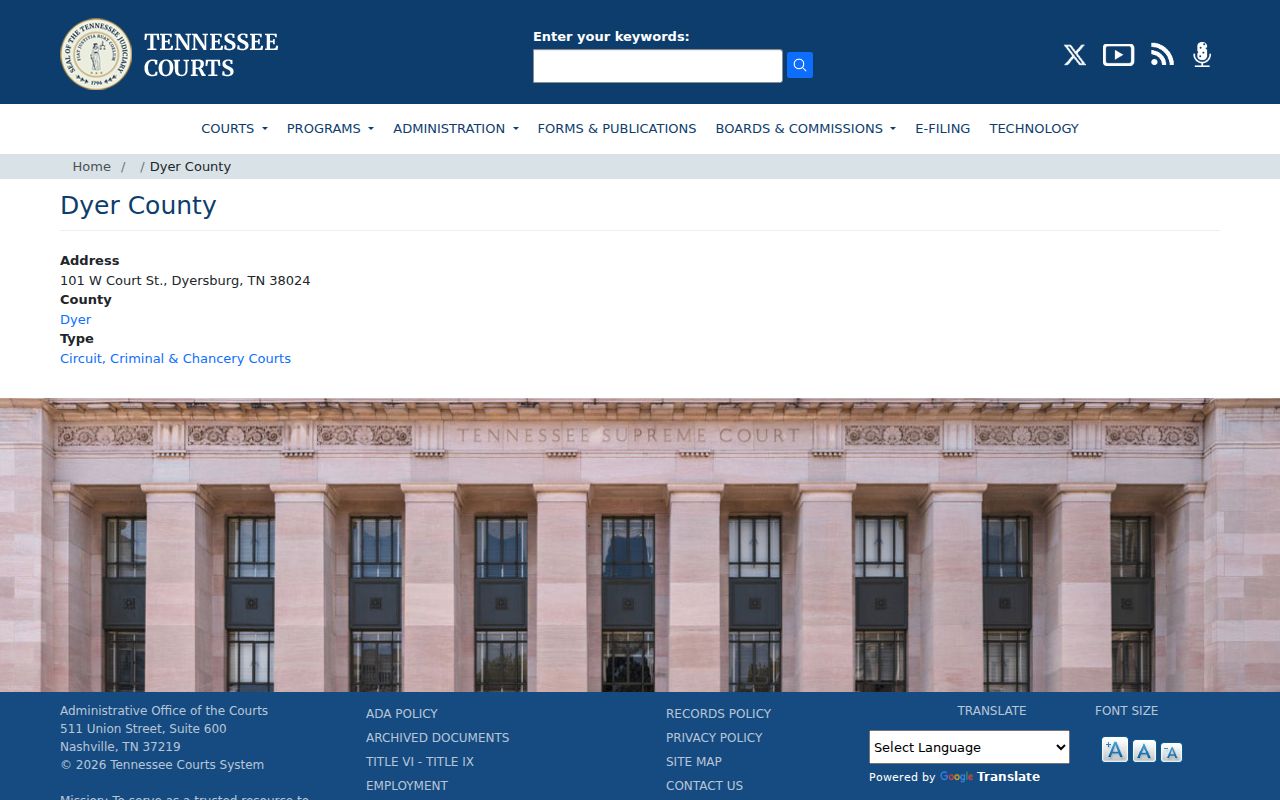 Tennessee courts directory page for Dyer County court locations