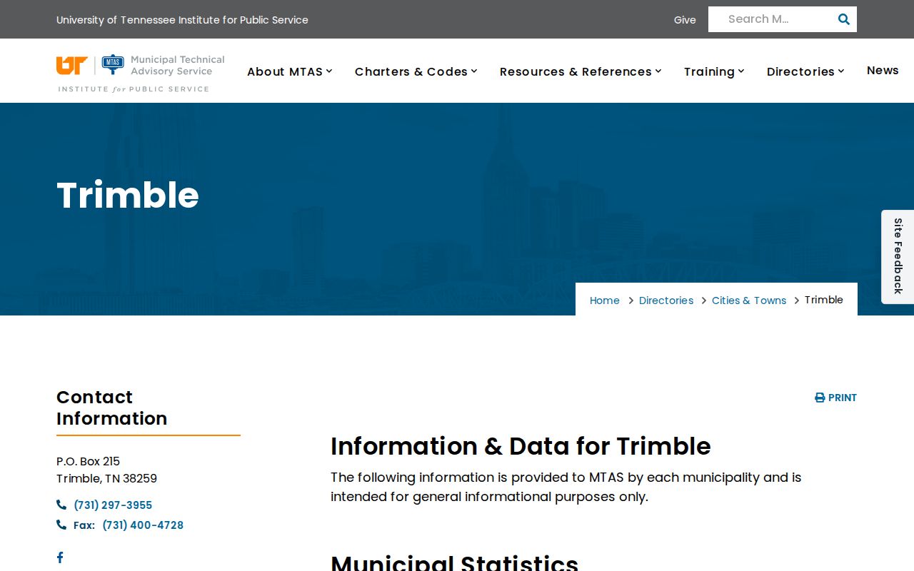 MTAS Trimble municipal profile listing the City Court clerk, judge, and hours