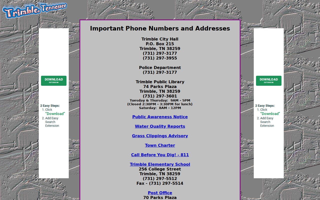 Official Trimble town contact page listing Town Hall and Police contacts