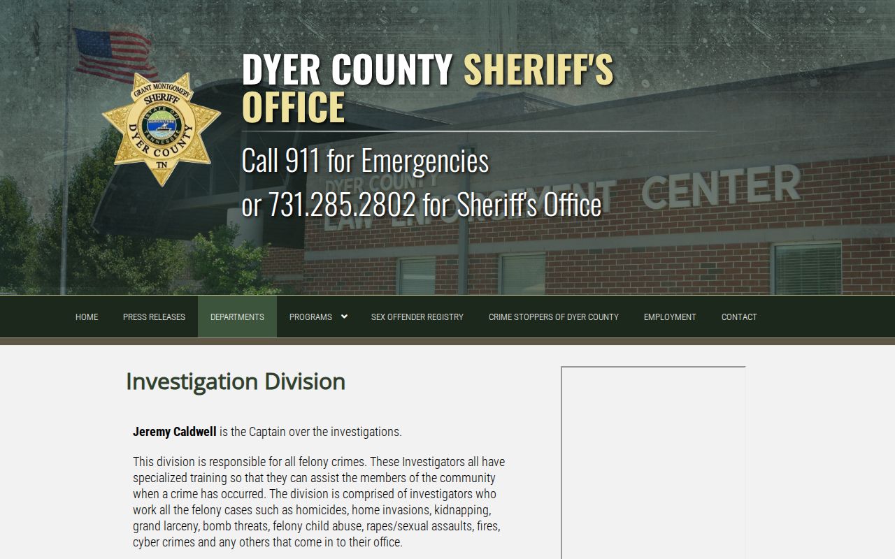 Dyer County Sheriff's Investigation Division information page