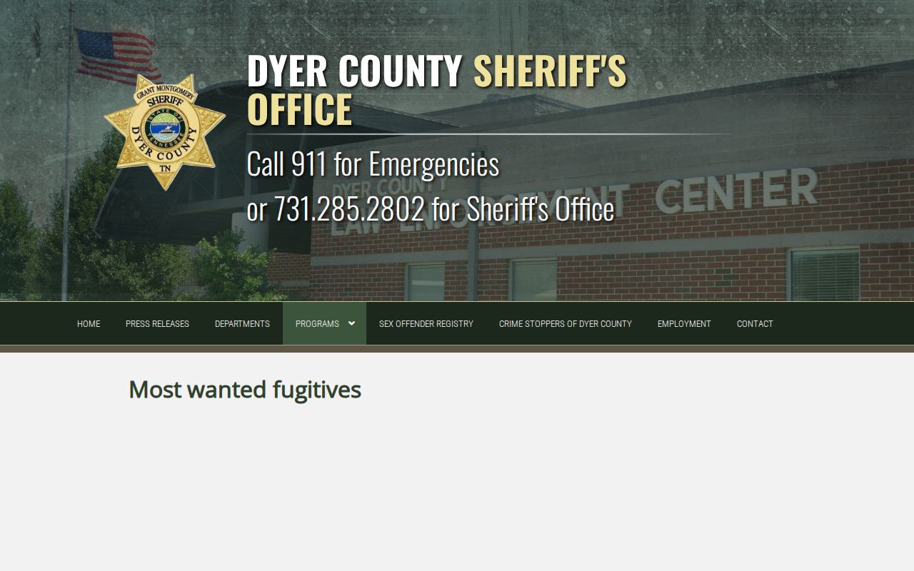 Dyer County Sheriff's Most Wanted page interface frame without roster entries