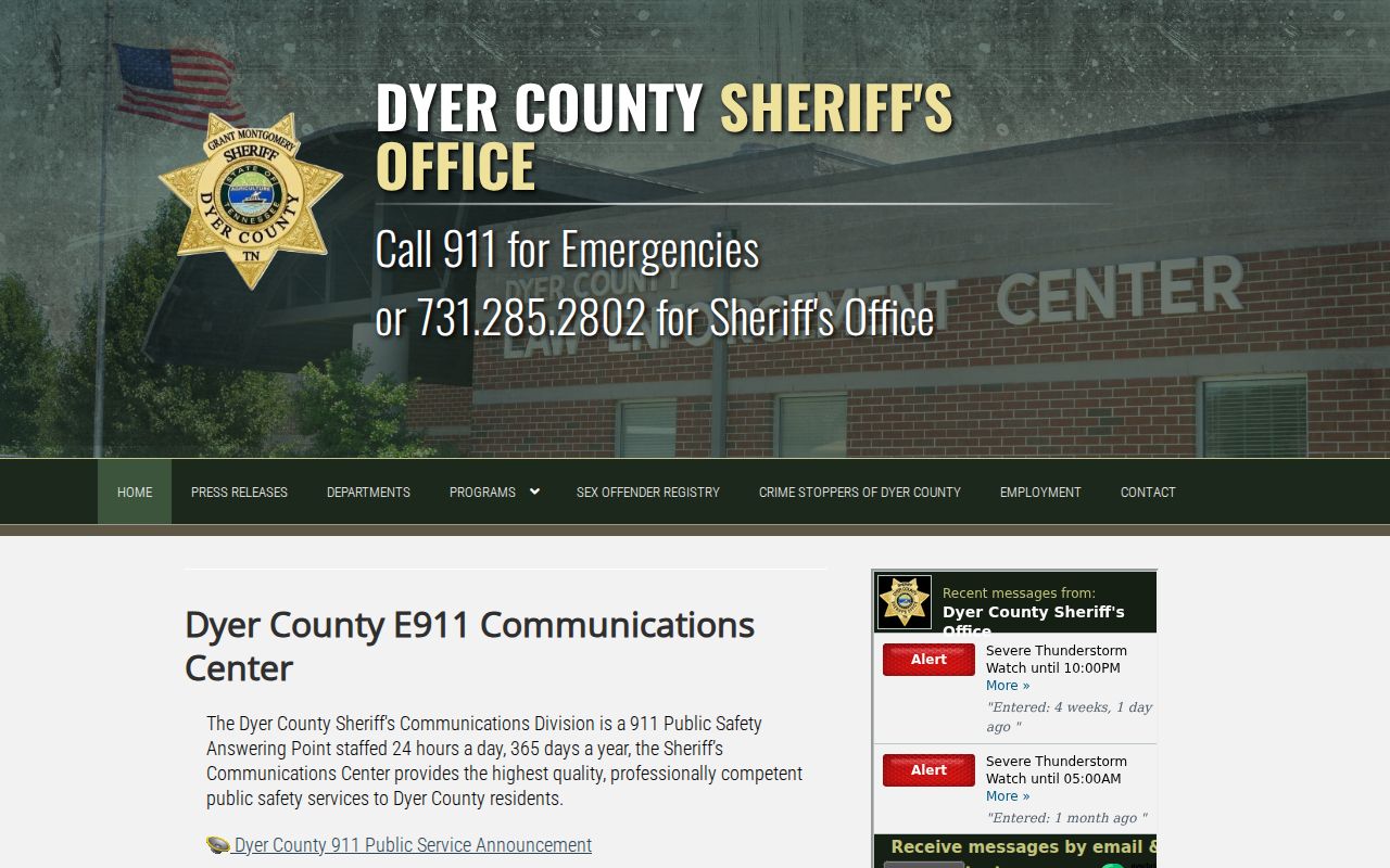 Dyer County Sheriff's Office home page and public program navigation